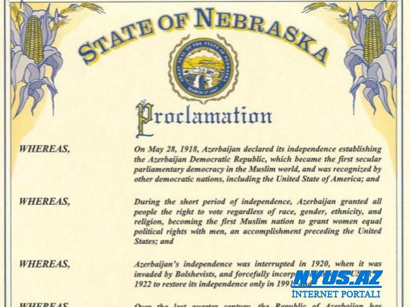 Nebraska ştatının qubernatoru Azərabaycan Günü elan edib - FOTO