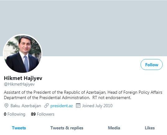 Hikmət Hacıyevin "Twitter" hesabı bərpa edilib